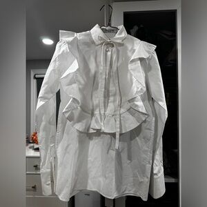 Valentino White Textured Tie-Neck Blouse